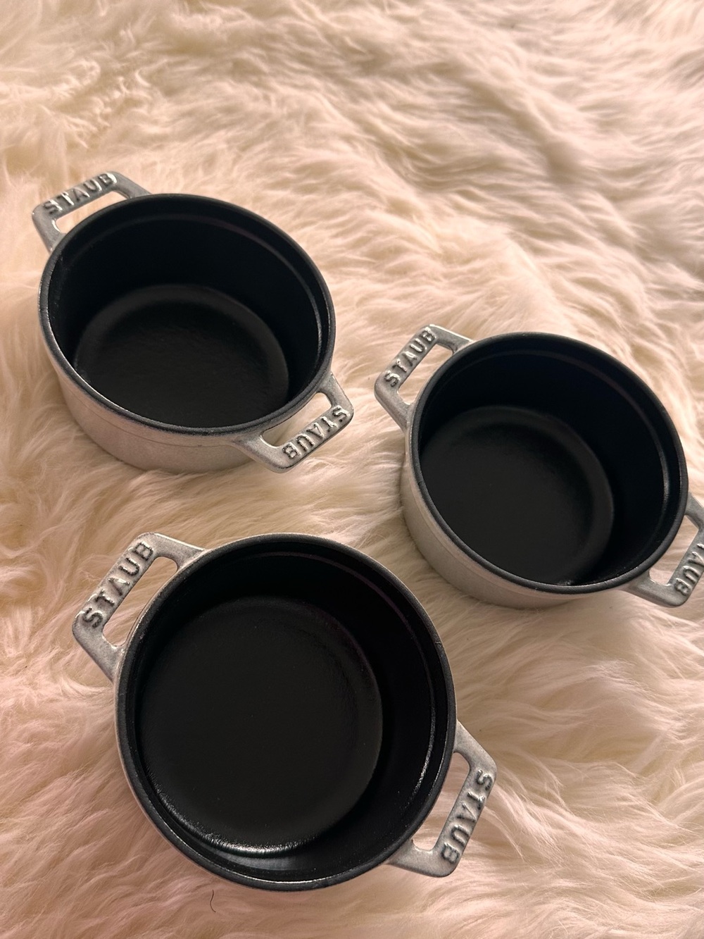 Staub Mini Cocottes in Black with Silver Handles set of 3 no top
